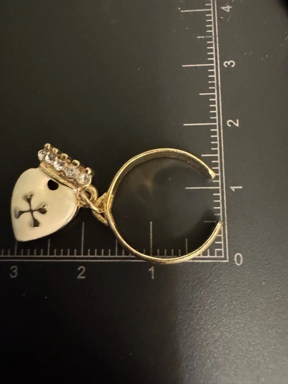 Gold-Tone Dangle Heart Crown Charm Ring with Creamy White Enamel